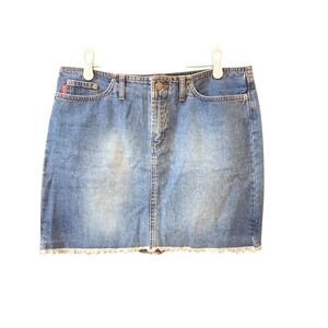 Bongo Vintage Denim Mini Skirt Medium Wash Frayed Hem Y2K Size 11 Cotton
